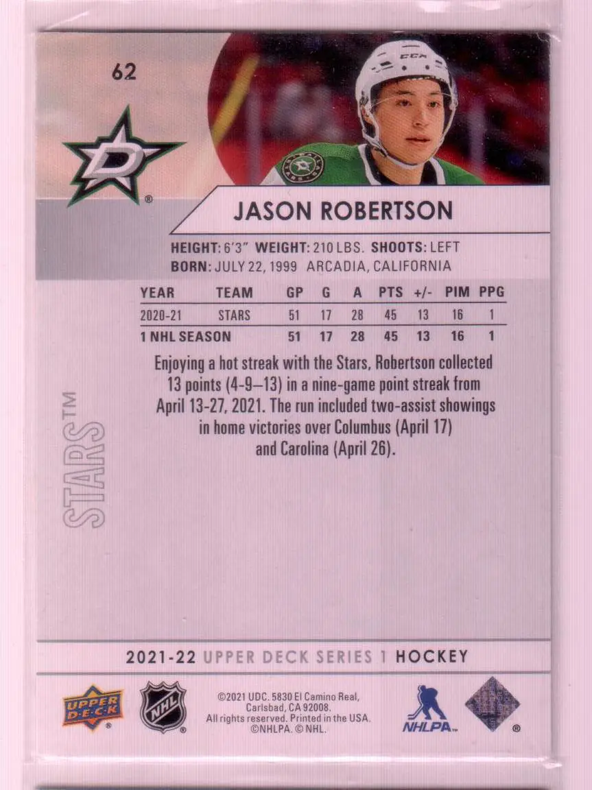2021-22 Upper Deck Series 1 Base #62 Jason Robertson - Dallas Stars 1