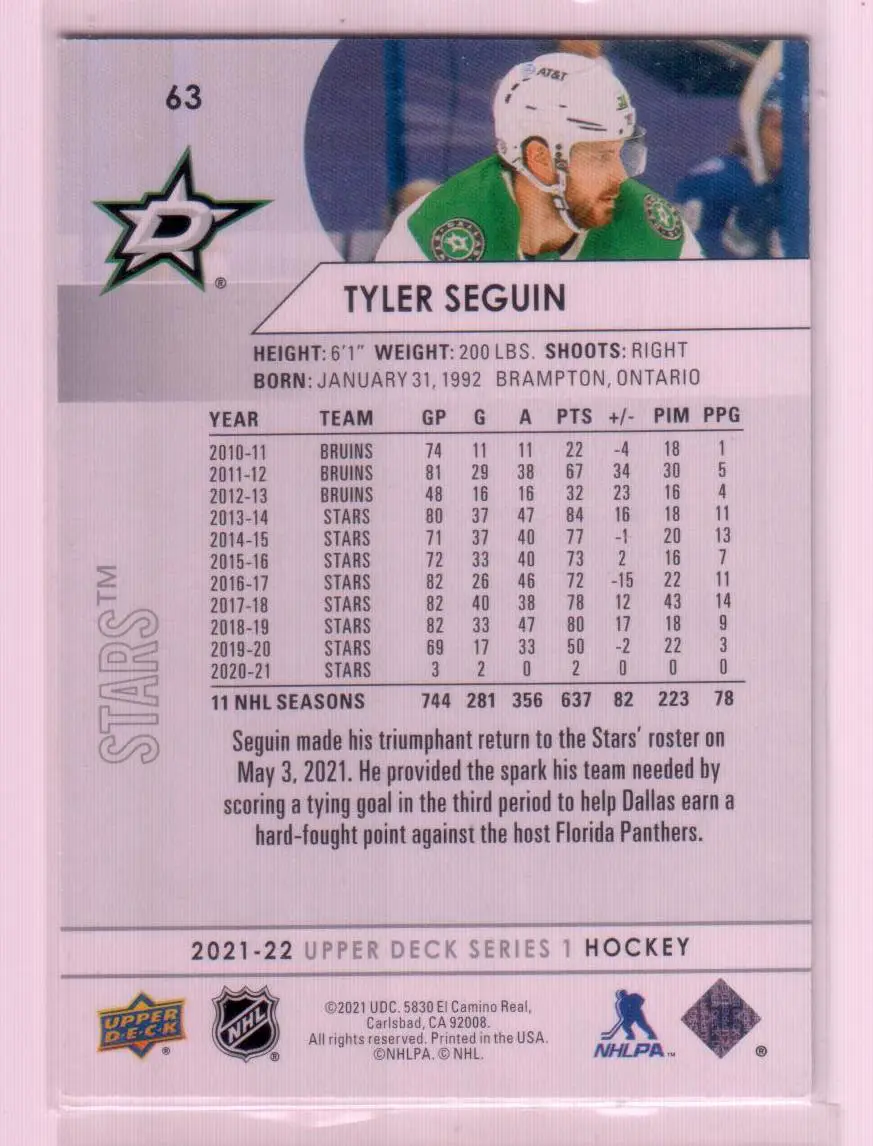 2021-22 Upper Deck Series 1 Base #63 Tyler Seguin - Dallas Stars 1