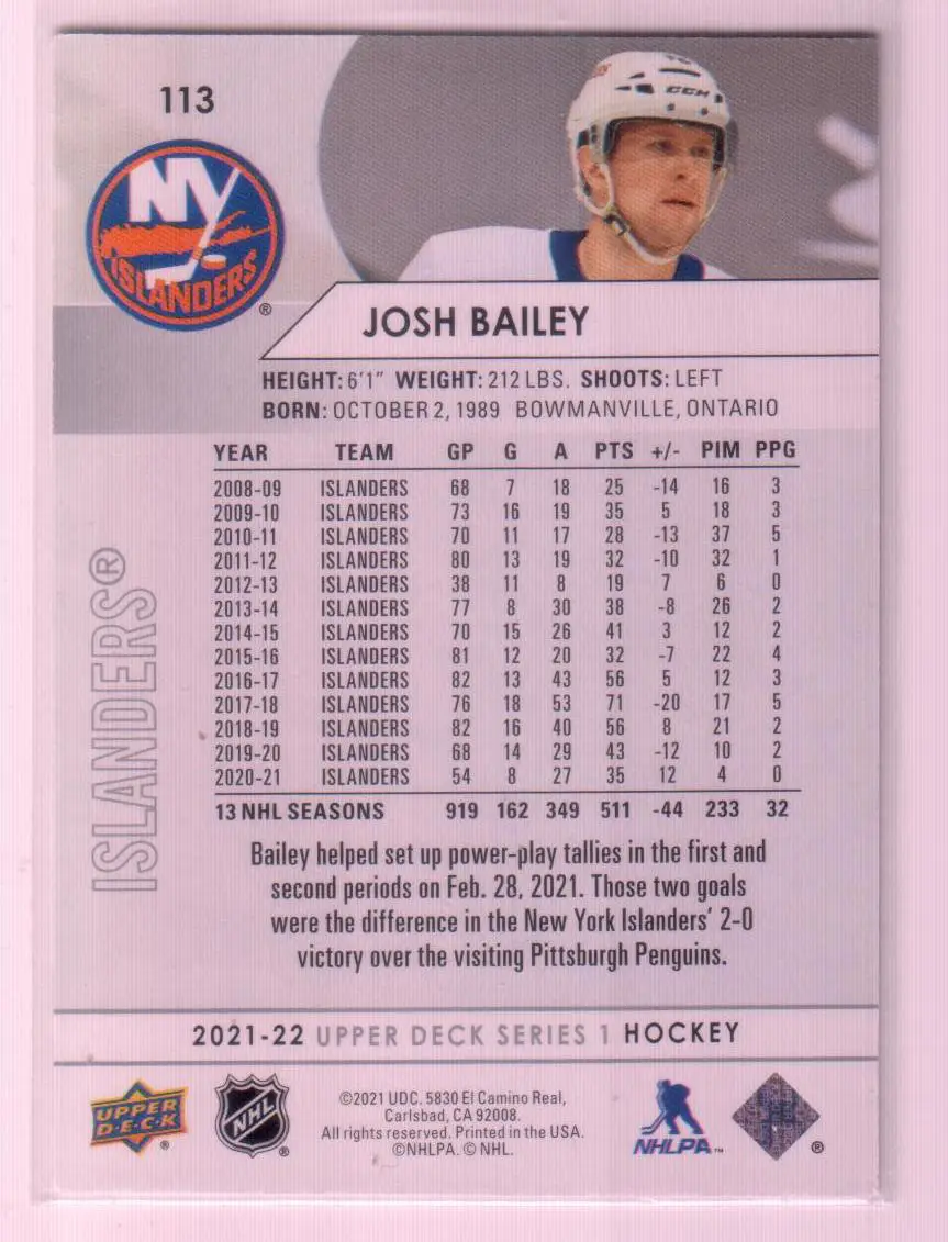2021-22 Upper Deck Series 1 Base #113 Josh Bailey - New York Islanders 1