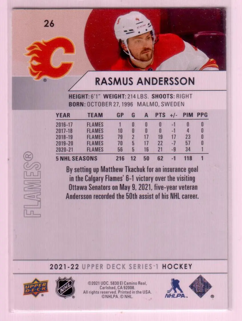 2021-22 Upper Deck Series 1 Base #26 Rasmus Andersson - Calgary Flames 1