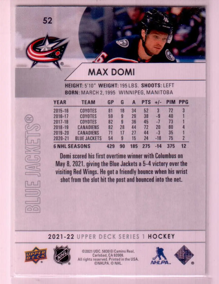 2021-22 Upper Deck Series 1 Base #52 Max Domi - Columbus Blue Jackets 1