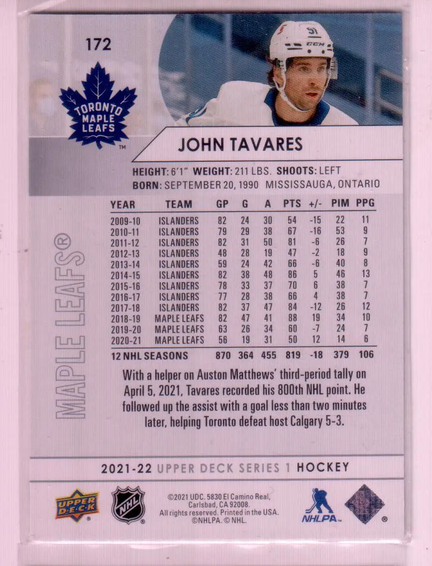 2021-22 Upper Deck Series 1 Base #172 John Tavares - Toronto Maple Leafs 1