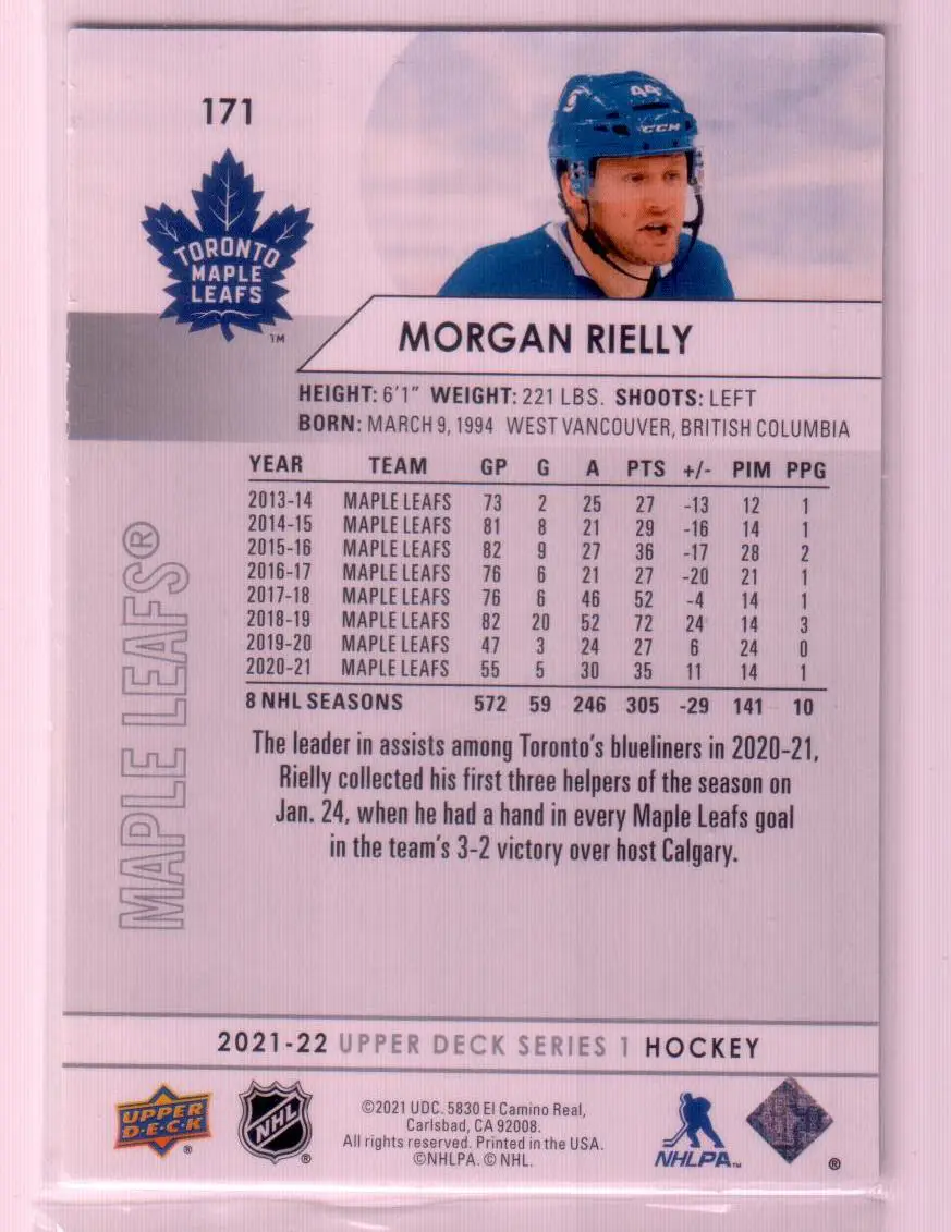2021-22 Upper Deck Series 1 Base #171 Morgan Rielly - Toronto Maple Leafs 1
