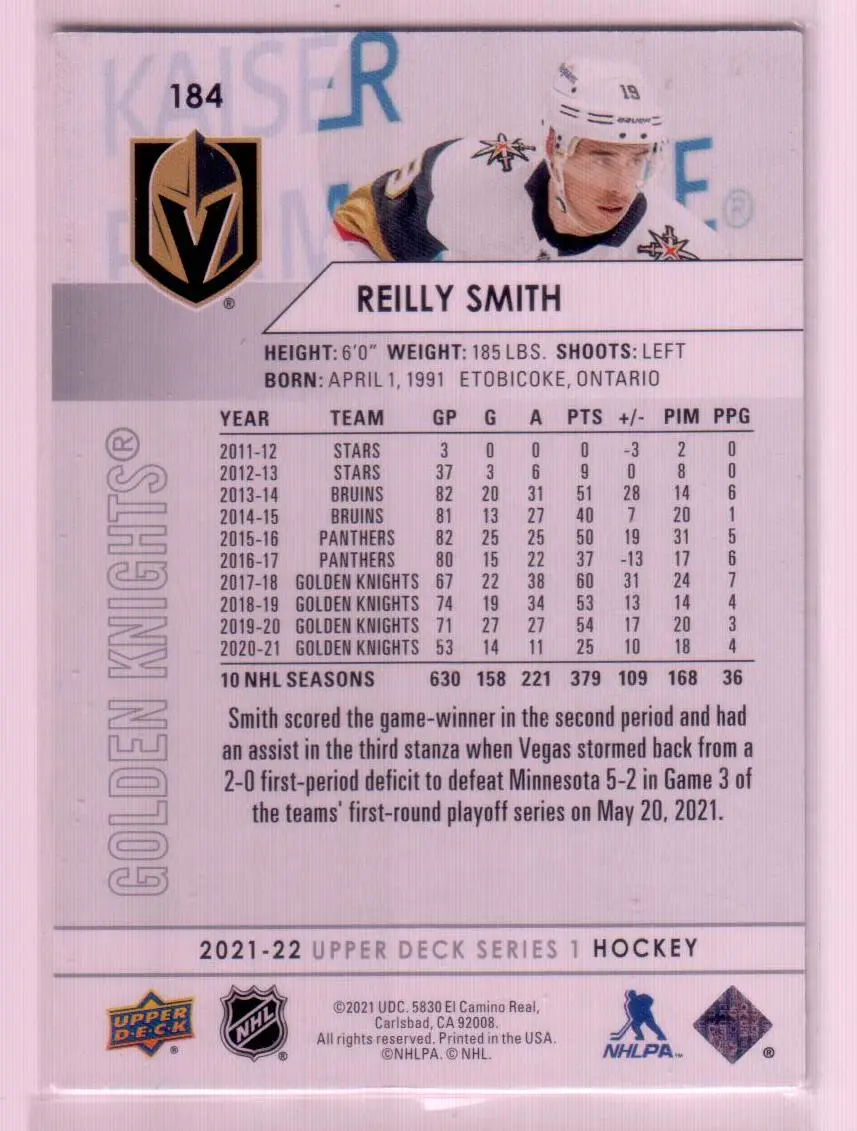 2021-22 Upper Deck Series 1 Base #184 Reilly Smith - Vegas Golden Knights 1