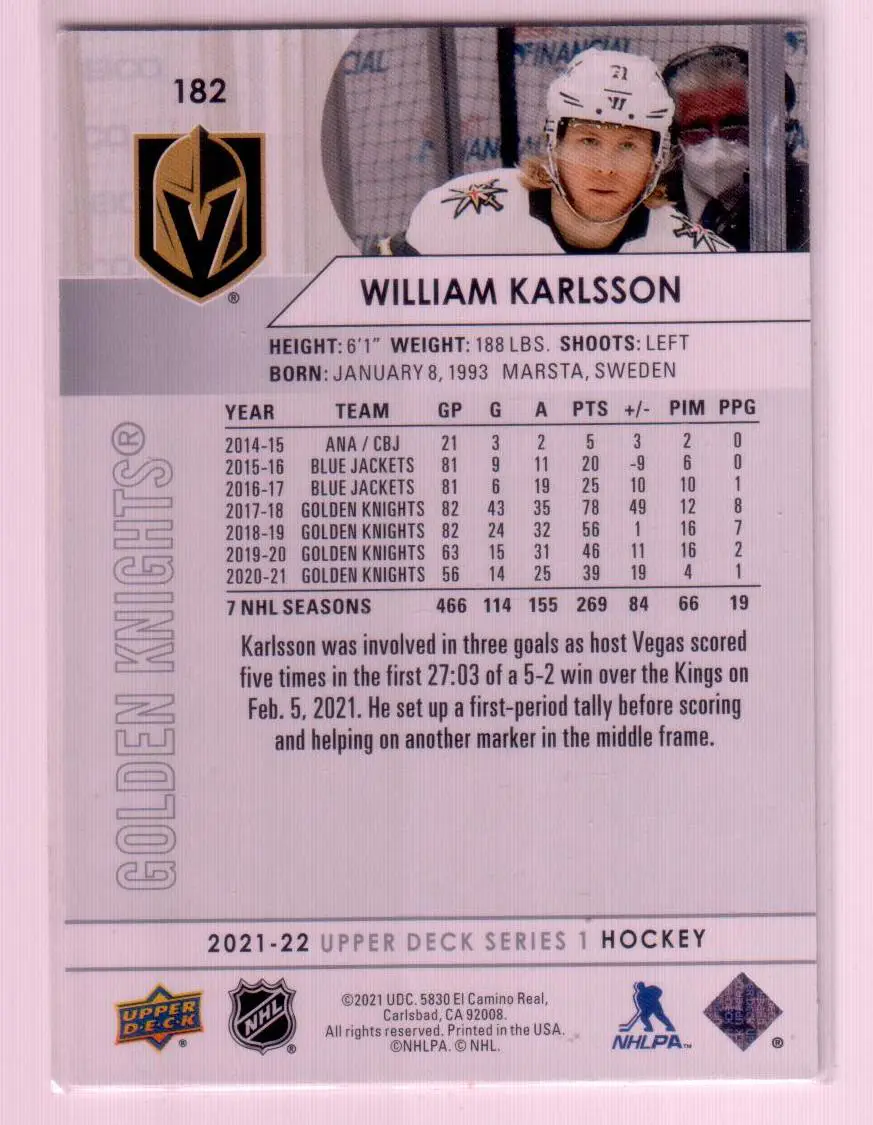 2021-22 Upper Deck Series 1 Base #182 William Karlsson - Vegas Golden Knights 1
