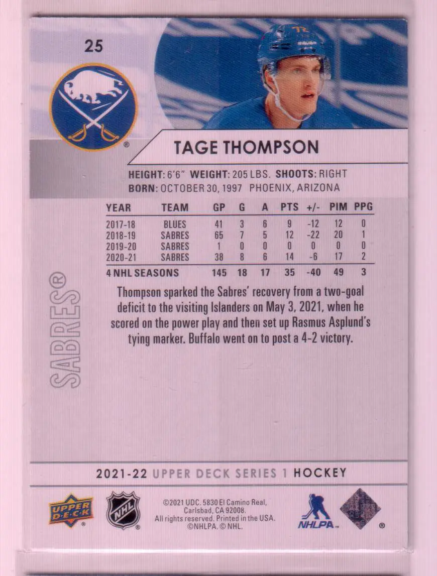 2021-22 Upper Deck Series 1 Base #25 Tage Thompson - Buffalo Sabres 1
