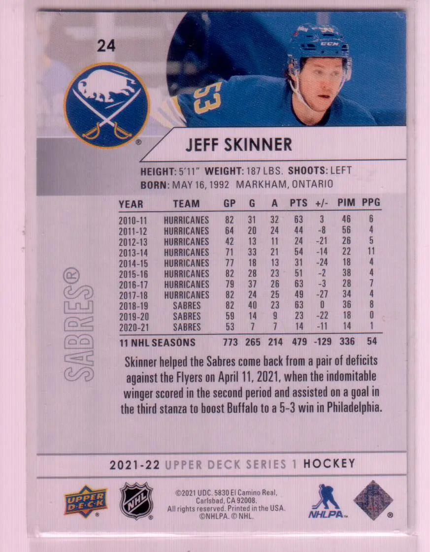 2021-22 Upper Deck Series 1 Base #24 Jeff Skinner - Buffalo Sabres 1