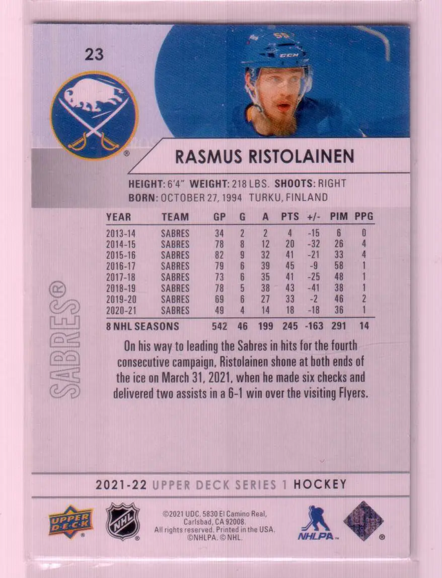 2021-22 Upper Deck Series 1 Base #23 Rasmus Ristolainen - Buffalo Sabres 1