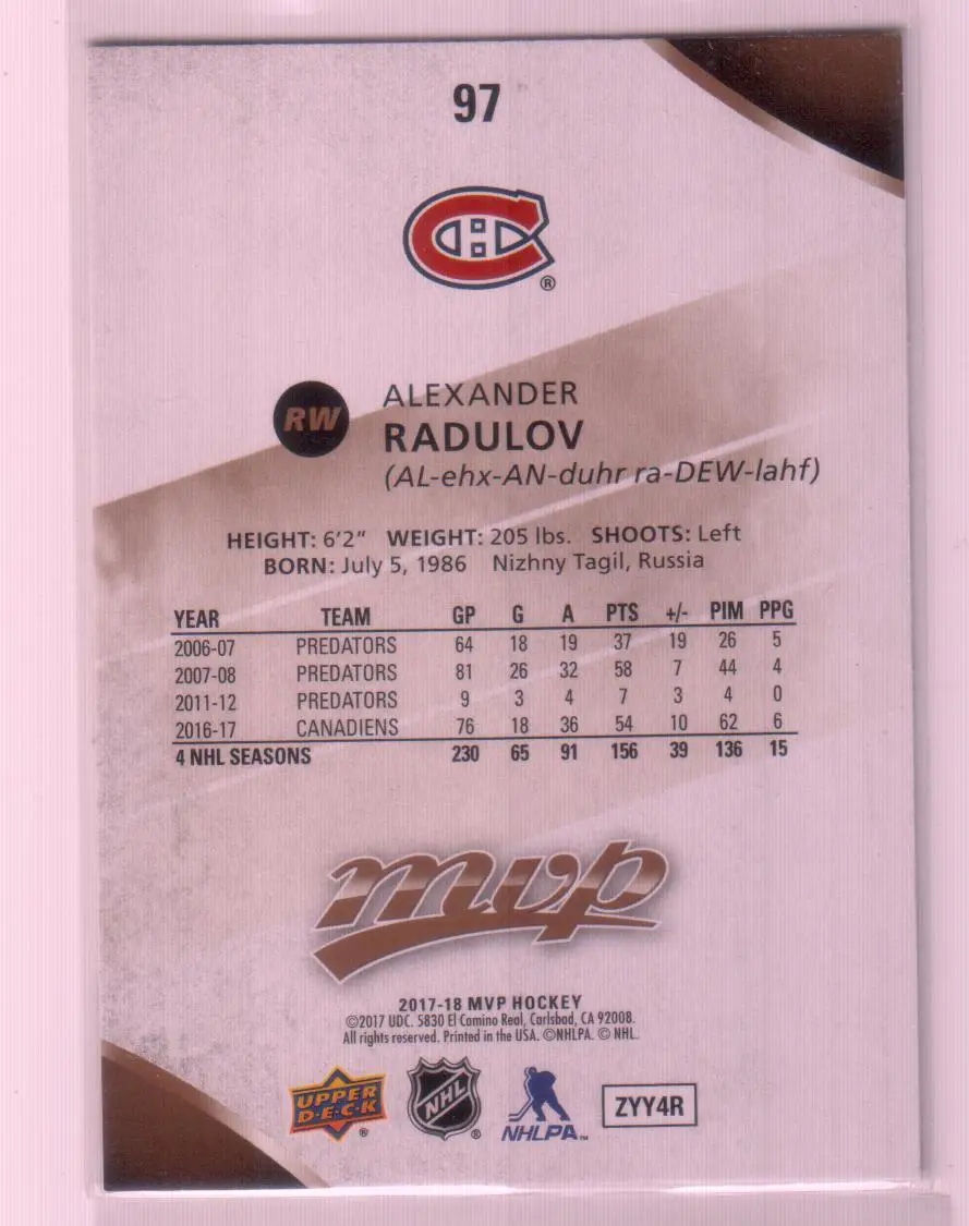 2017-18 Upper Deck MVP - [Base] #97 - Alexander Radulov-Montreal Canadiens 1
