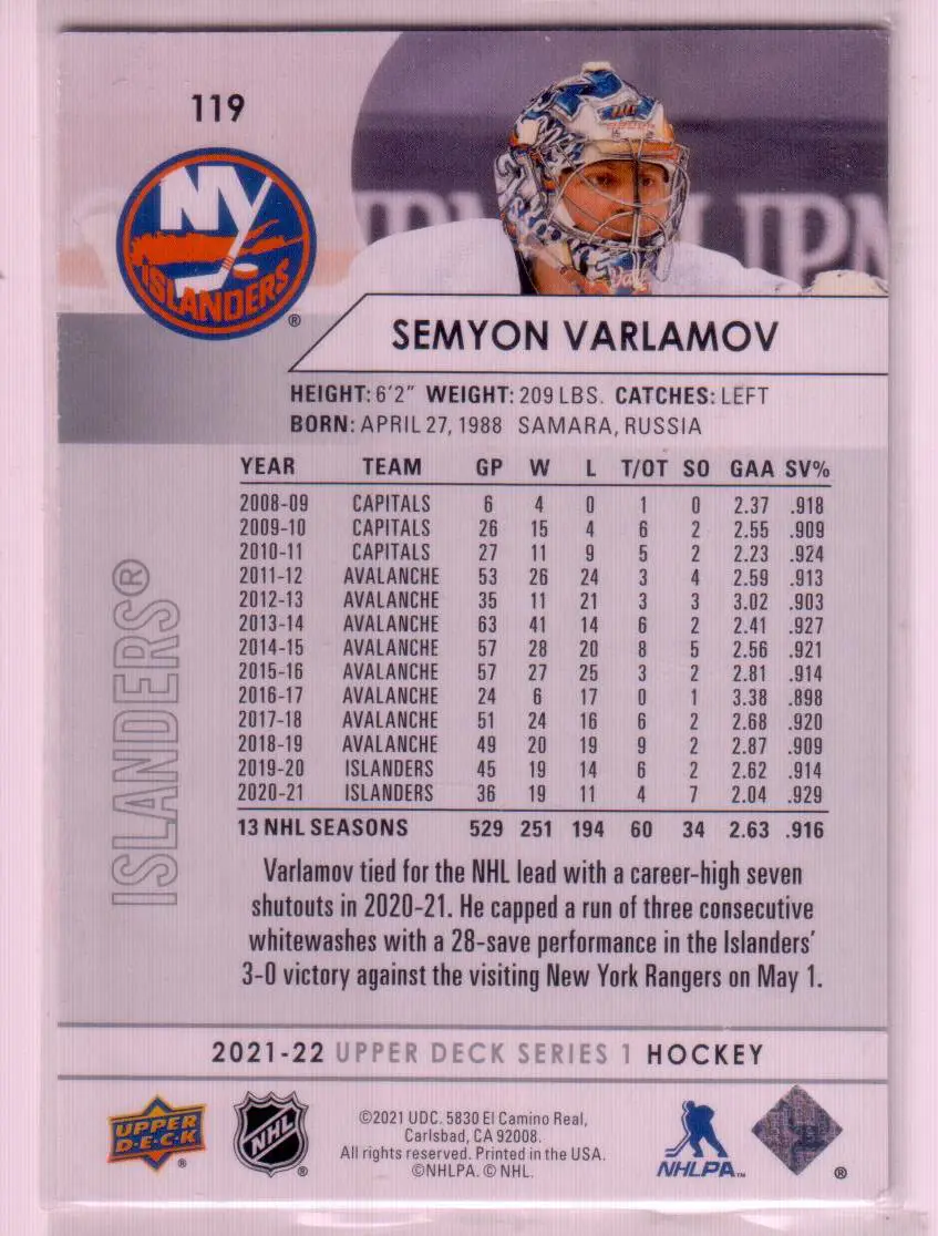2021-22 Upper Deck #119 Semyon Varlamov 1