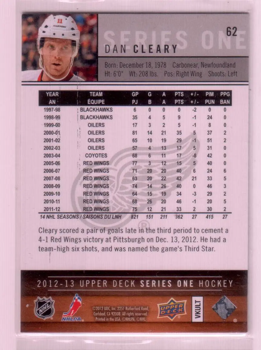 2012-13 Upper Deck #62 Dan Cleary 1