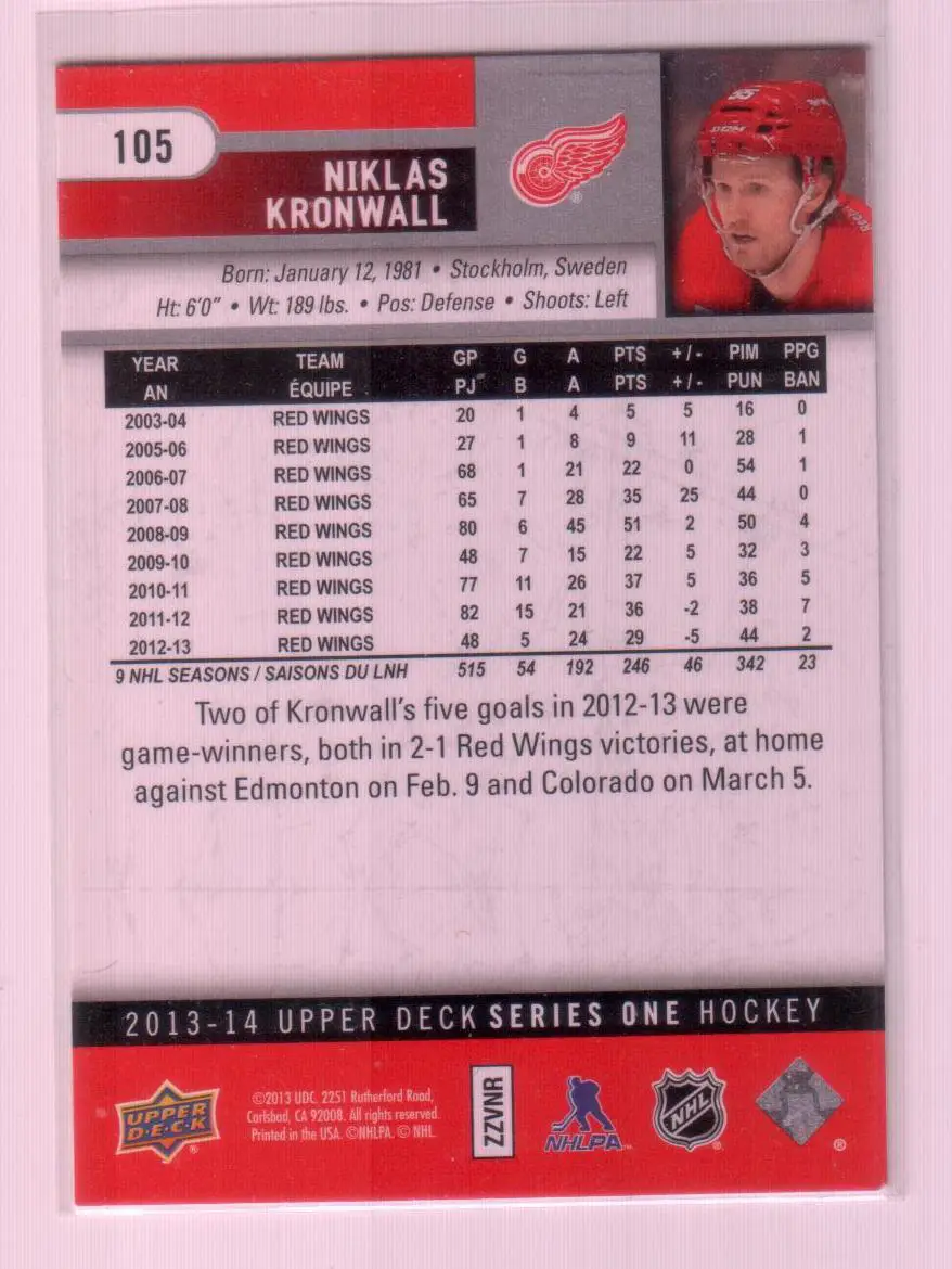 2013-14 Upper Deck #105 Niklas Kronwall 1