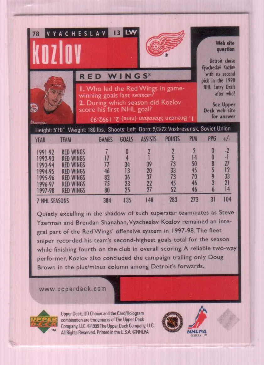 1998-99 UD Choice #78 Vyacheslav Kozlov 1