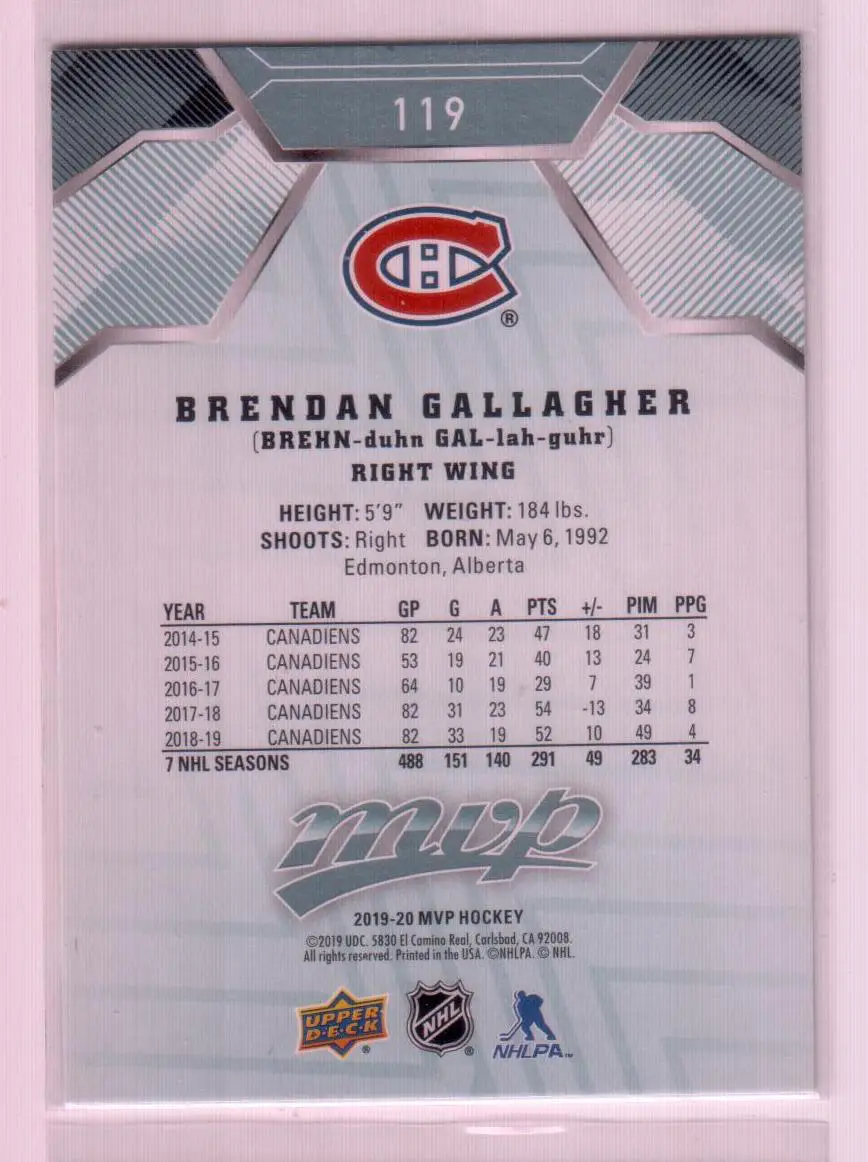 2019-20 Upper Deck MVP #119 Brendan Gallagher 1