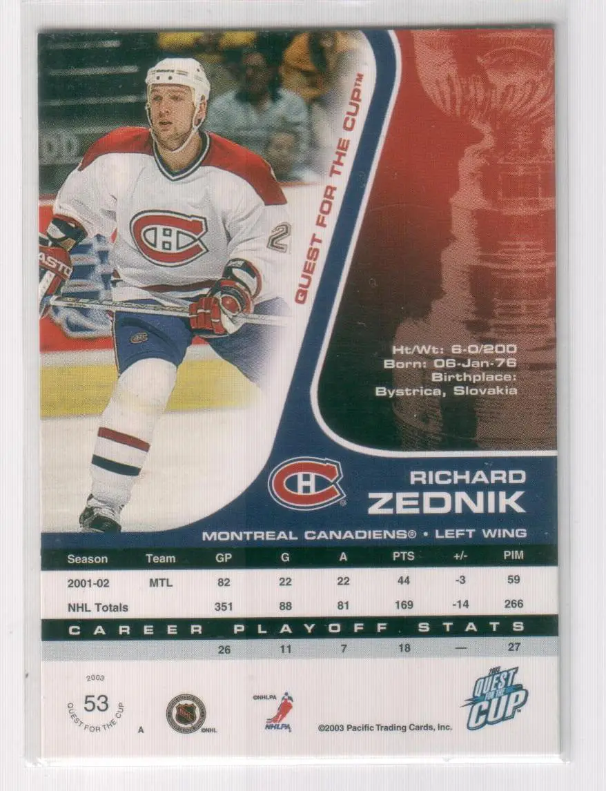 2002-03 Pacific Quest For the Cup #53 Richard Zednik 1