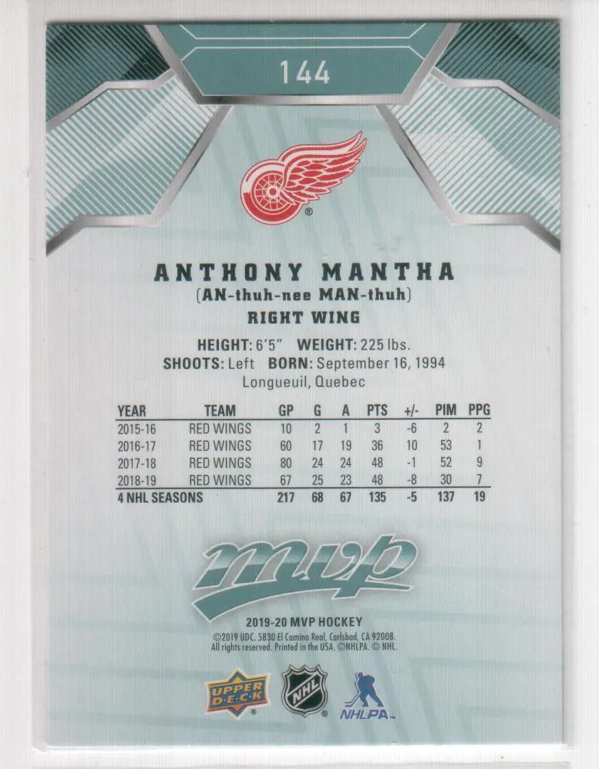 2019-20 Upper Deck MVP #144 Anthony Mantha 1