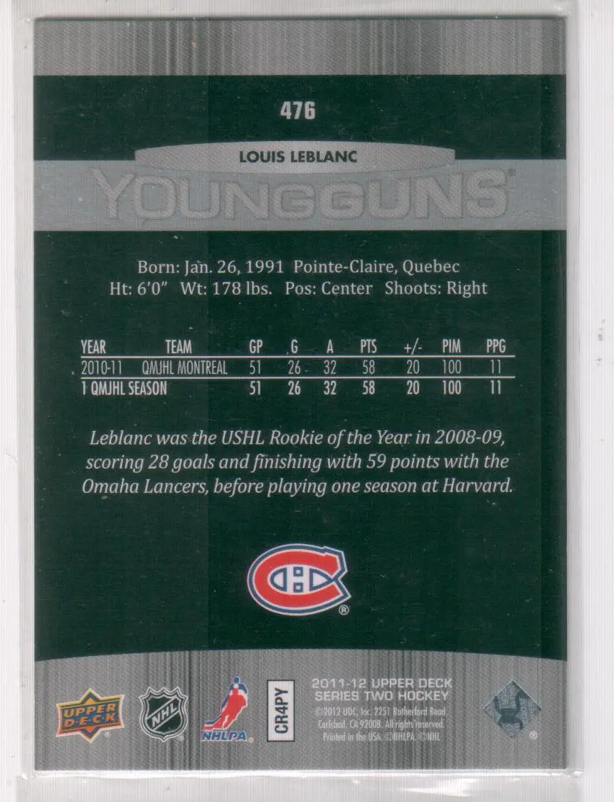 2011-12 Upper Deck #476 Louis Leblanc YG RC 1