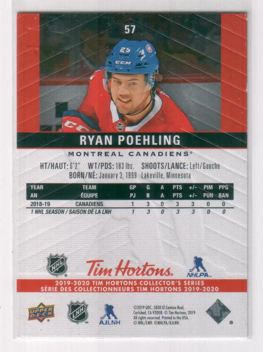 2019-20 Upper Deck Tim Hortons #57 Ryan Poehling RC 1