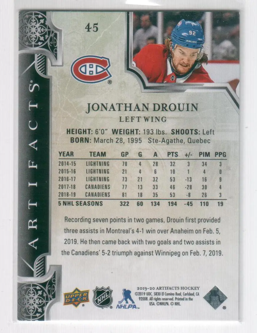 2019-20 Artifacts #45 Jonathan Drouin 1