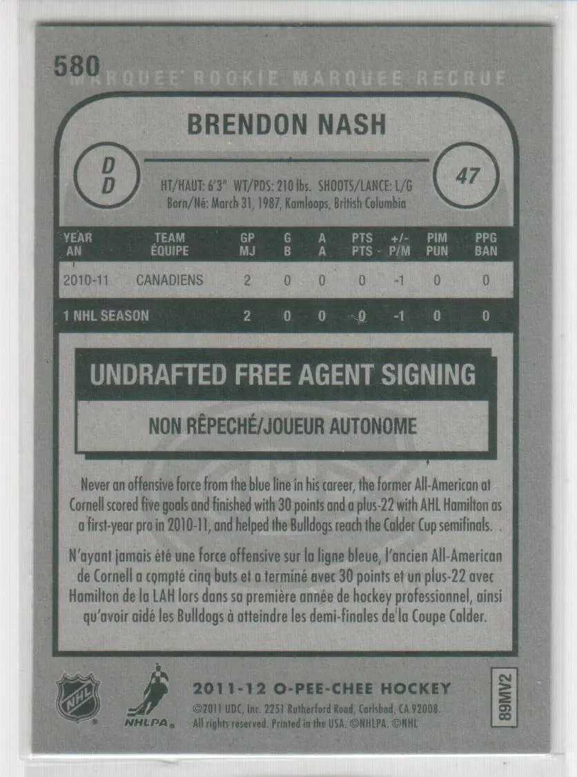 2011-12 O-Pee-Chee #580 Brendon Nash RC 1