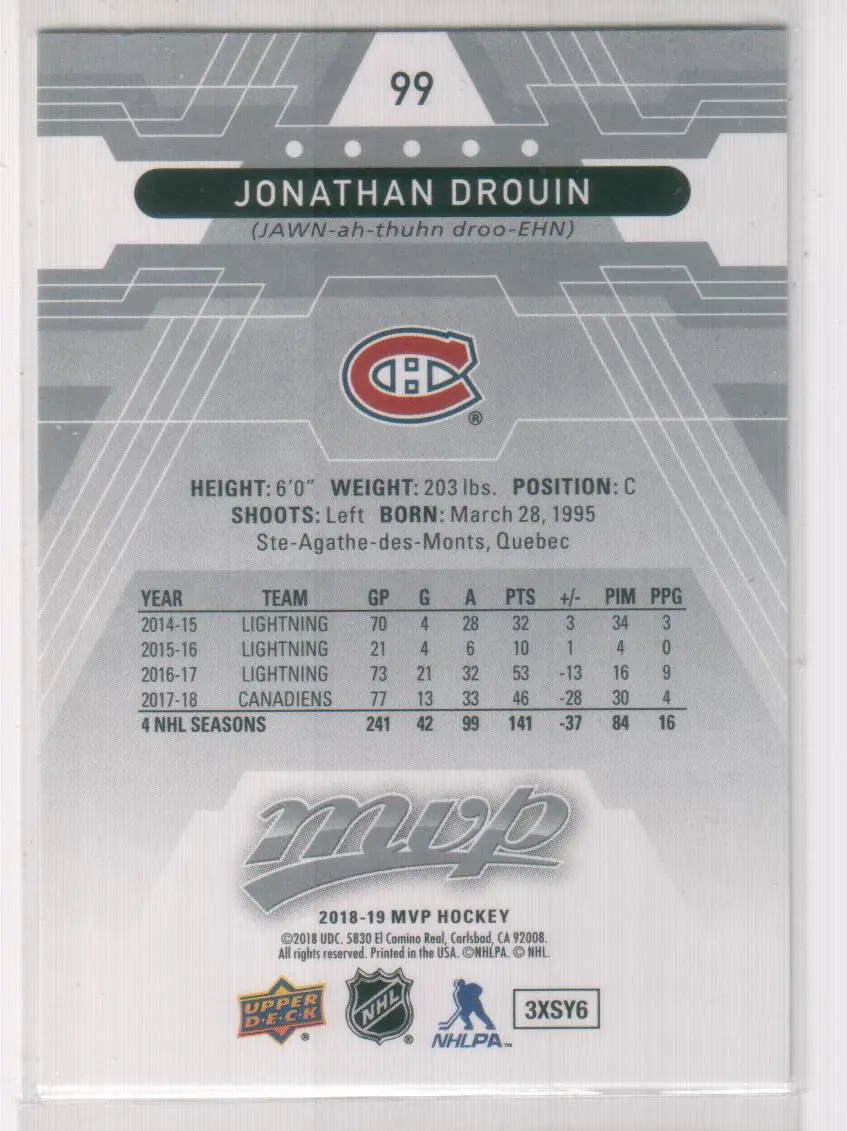 2018-19 Upper Deck MVP Silver Script #99 Jonathan Drouin 1