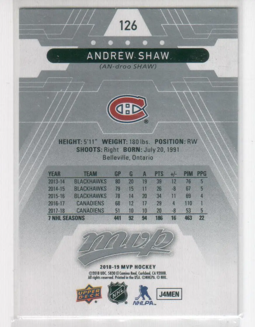 2018-19 Upper Deck MVP Silver Script #126 Andrew Shaw 1