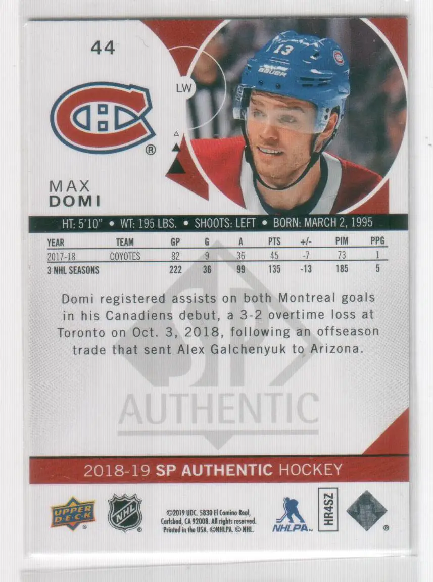 2018-19 SP Authentic #44 Max Domi 1