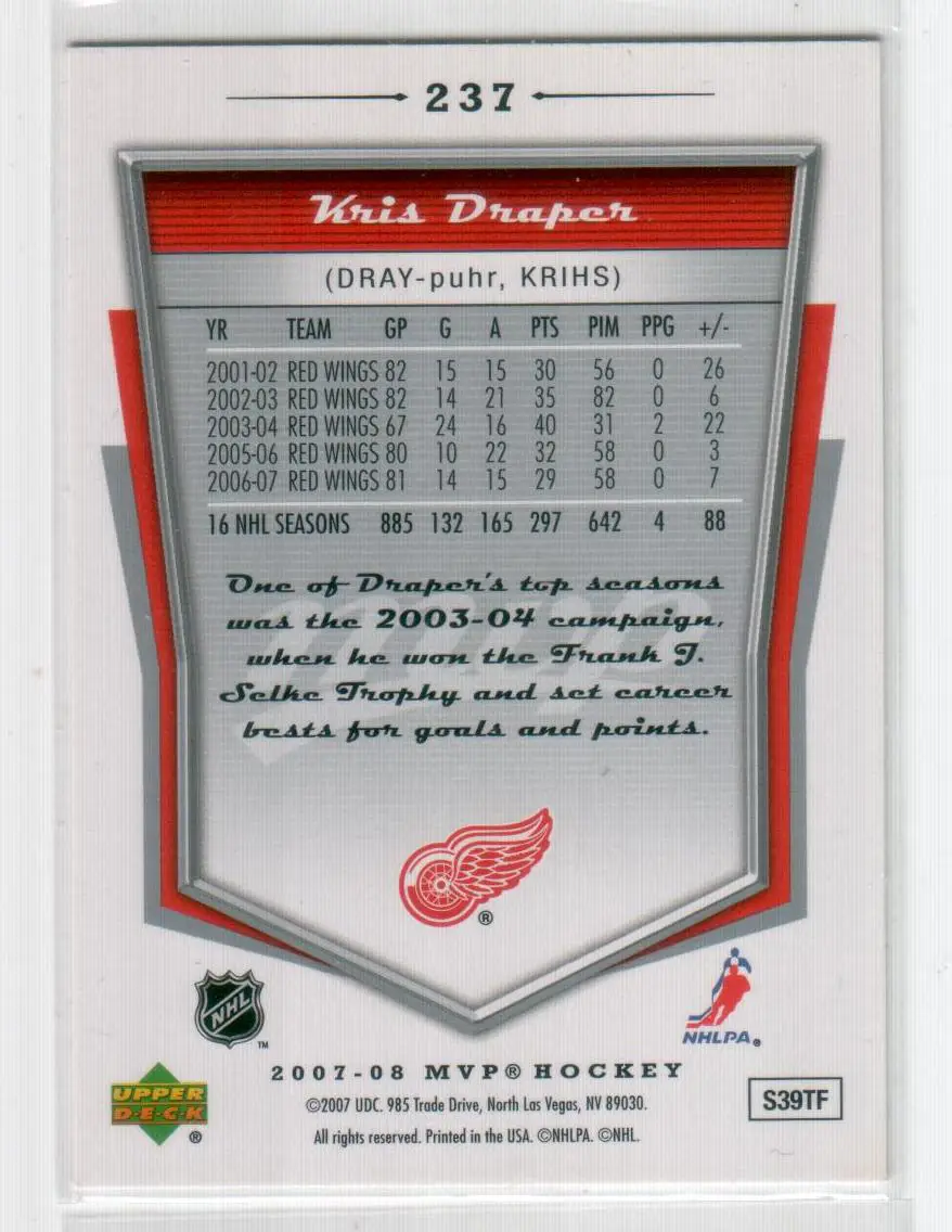 2007-08 Upper Deck MVP #237 Kris Draper 1