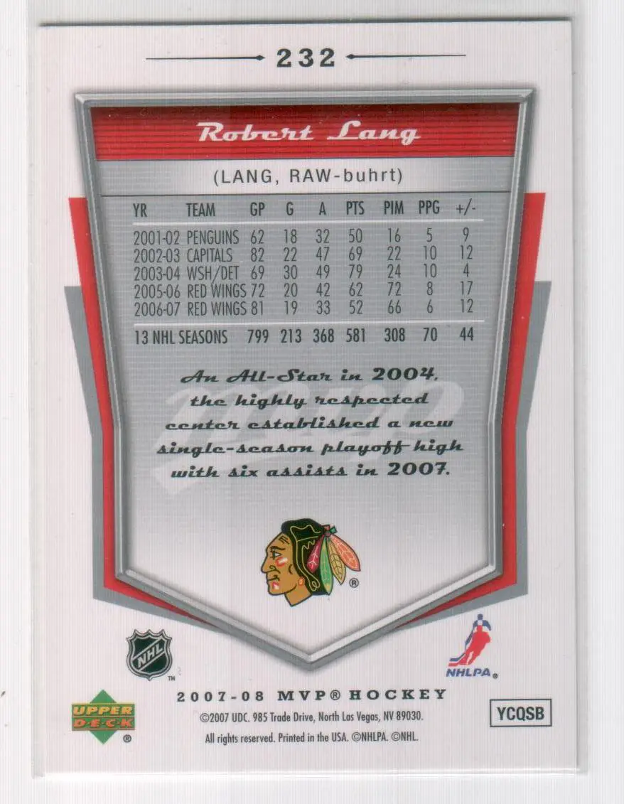 2007-08 Upper Deck MVP #232 Robert Lang 1