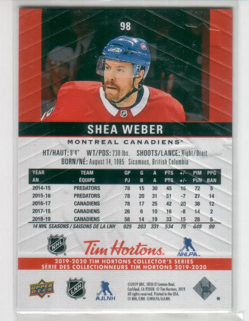 2019-20 Upper Deck Tim Hortons #98 Shea Weber 1