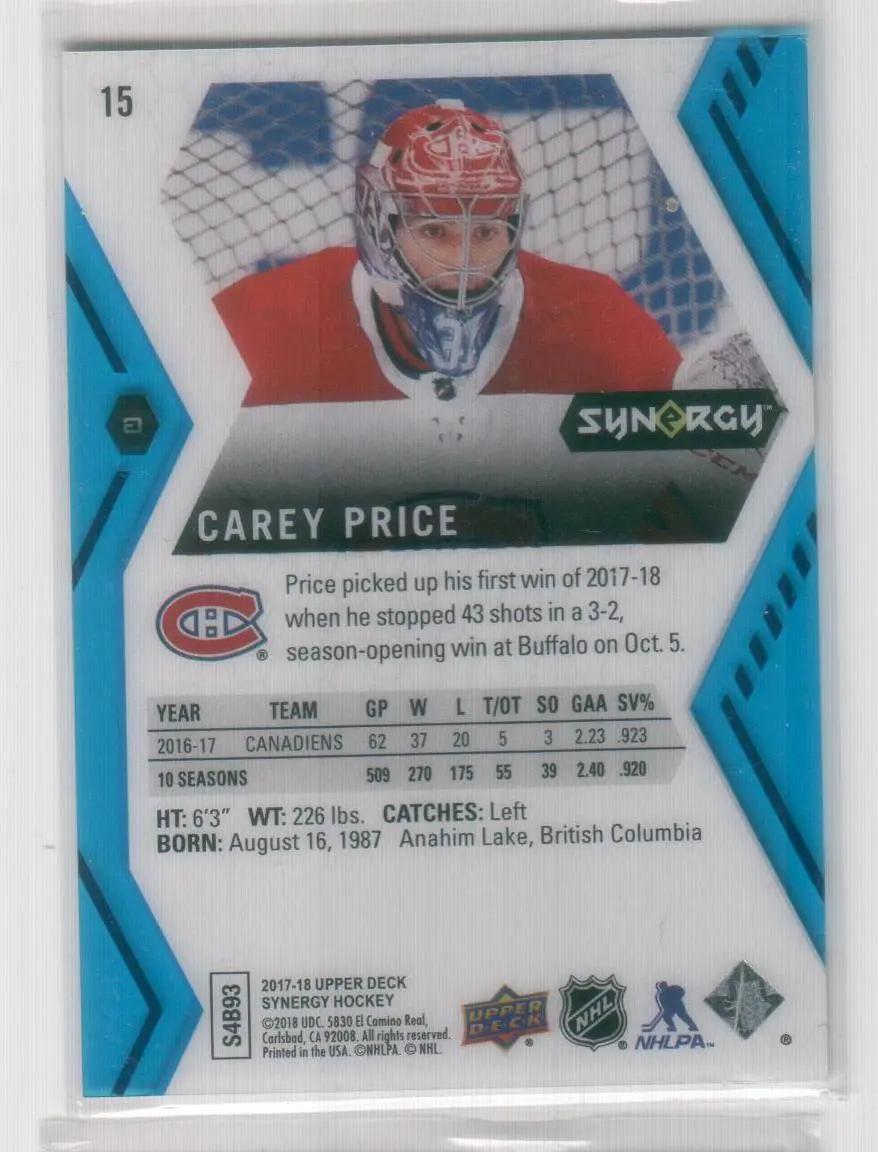 2017-18 Synergy Blue #15 Carey Price 1