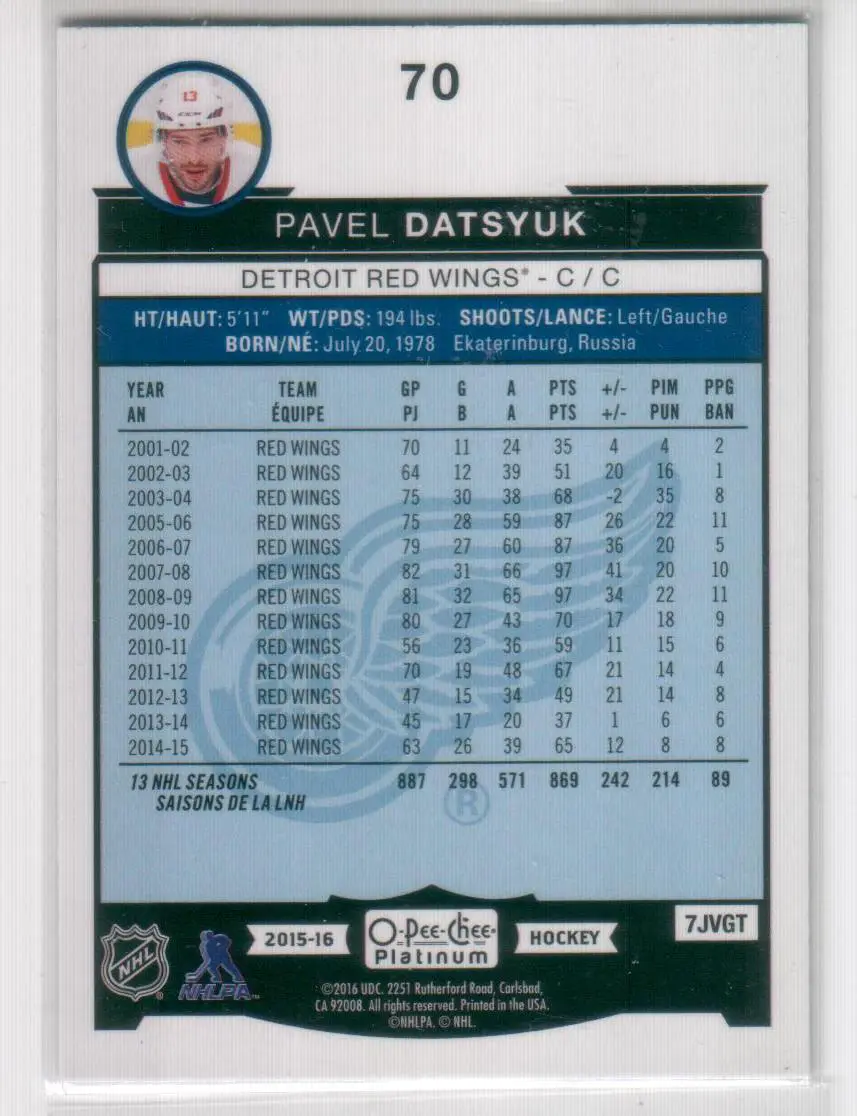 2015-16 O-Pee-Chee Platinum #70 Pavel Datsyuk 1