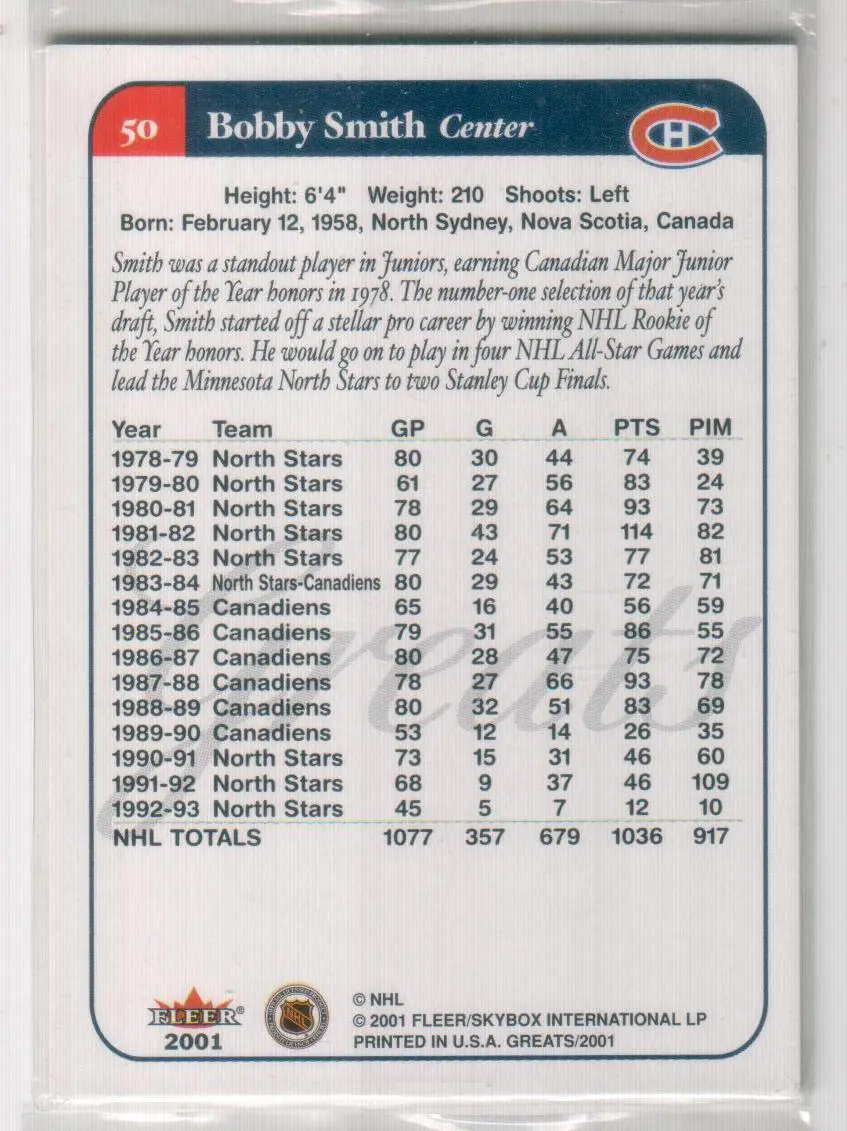 2001-02 Greats of the Game #50 Bobby Smith 1