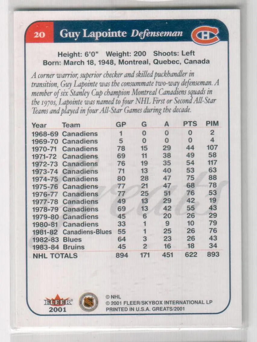 2001-02 Greats of the Game #20 Guy Lapointe 1