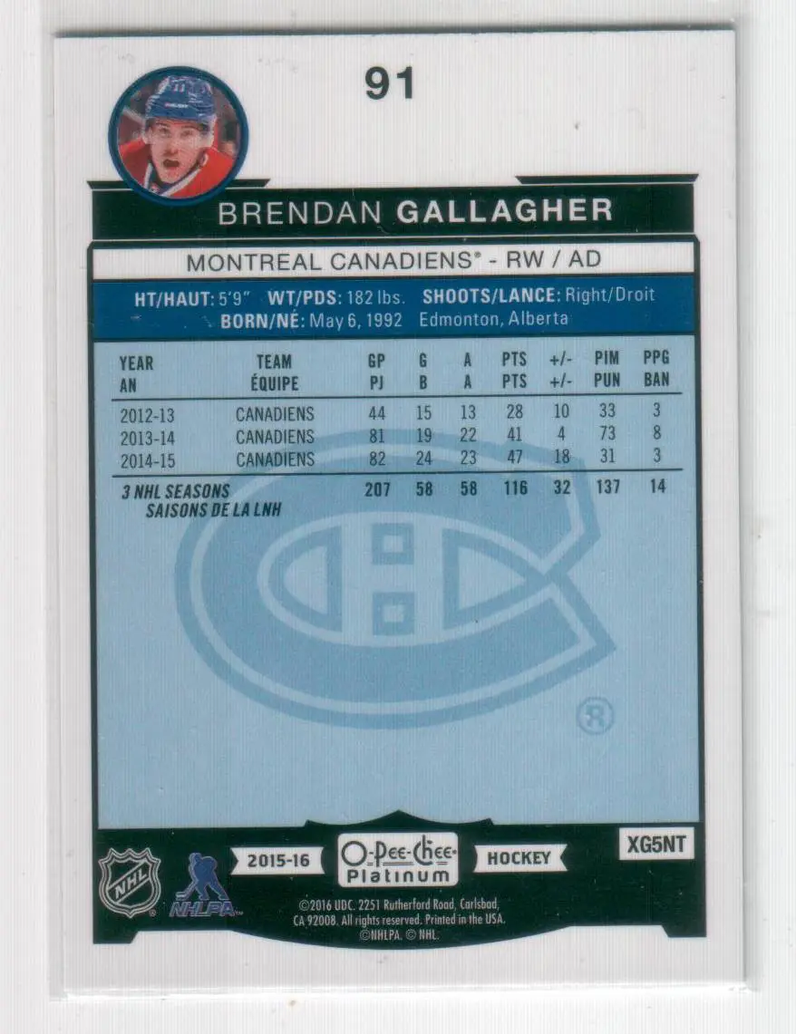 2015-16 O-Pee-Chee Platinum #91 Brendan Gallagher 1