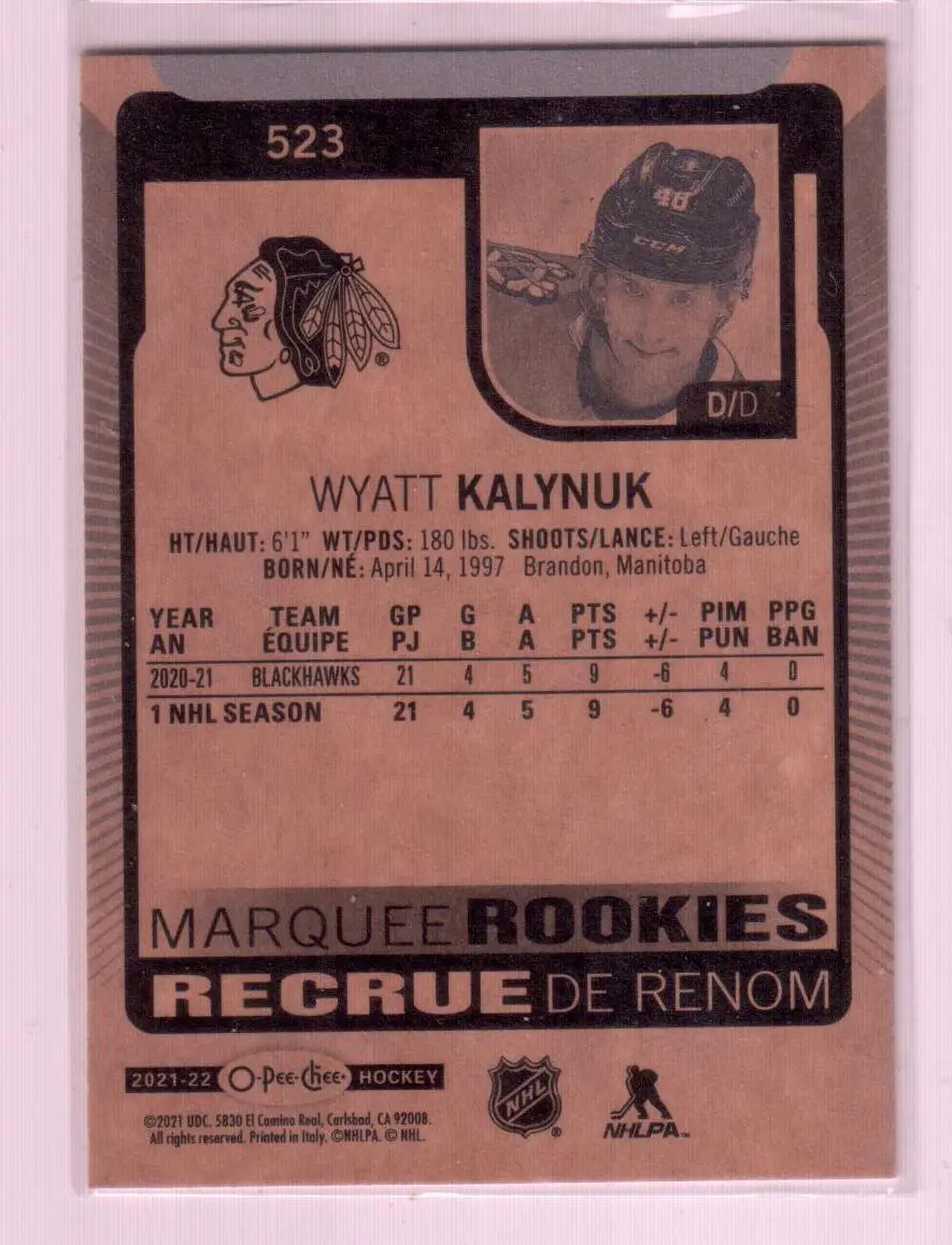 2021-22 O-Pee-Chee #523 Wyatt Kalynuk RC 1