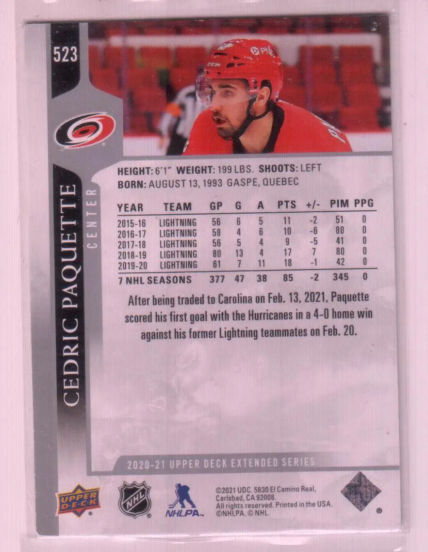 2020-21 Upper Deck #523 Cedric Paquette 1