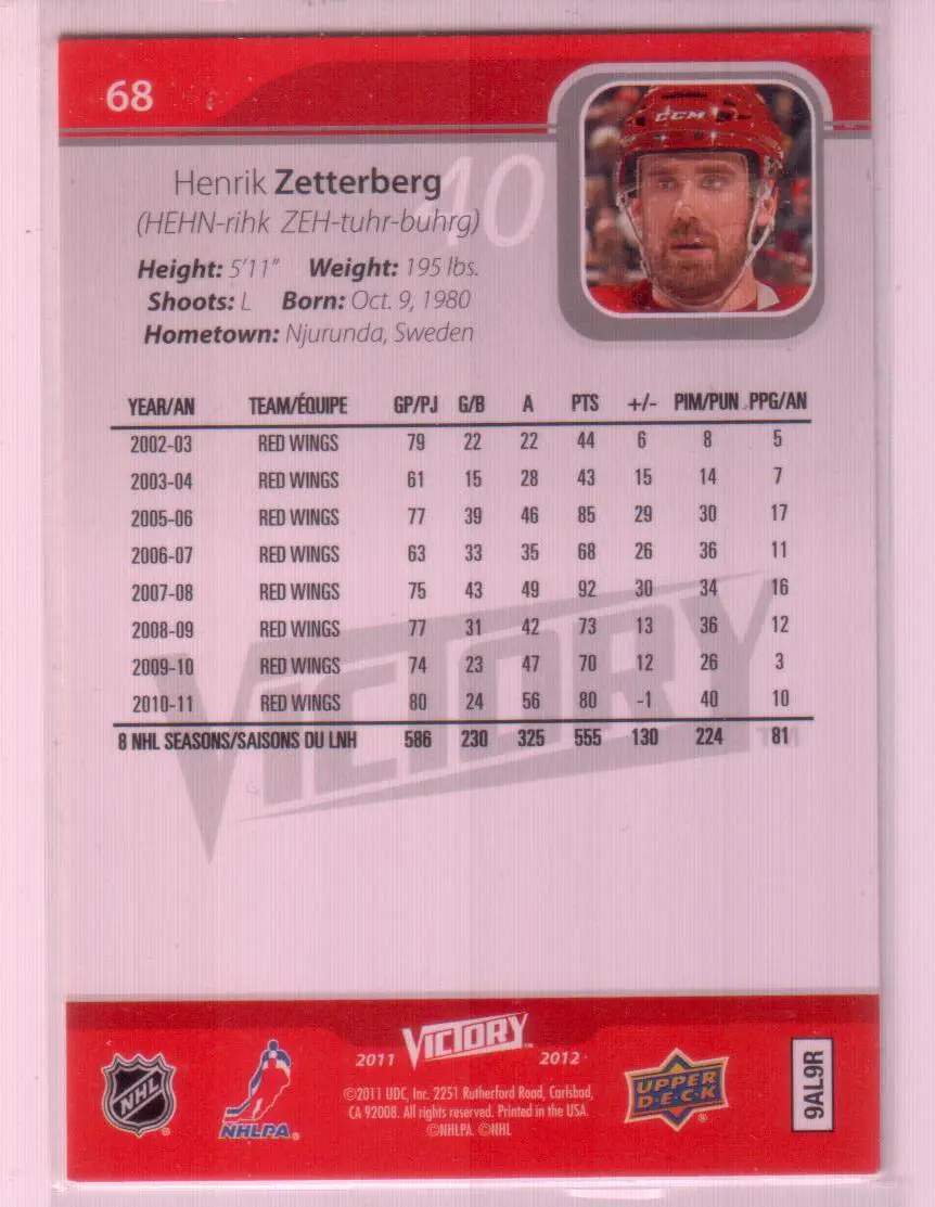 2011-12 Upper Deck Victory #68 Henrik Zetterberg 1