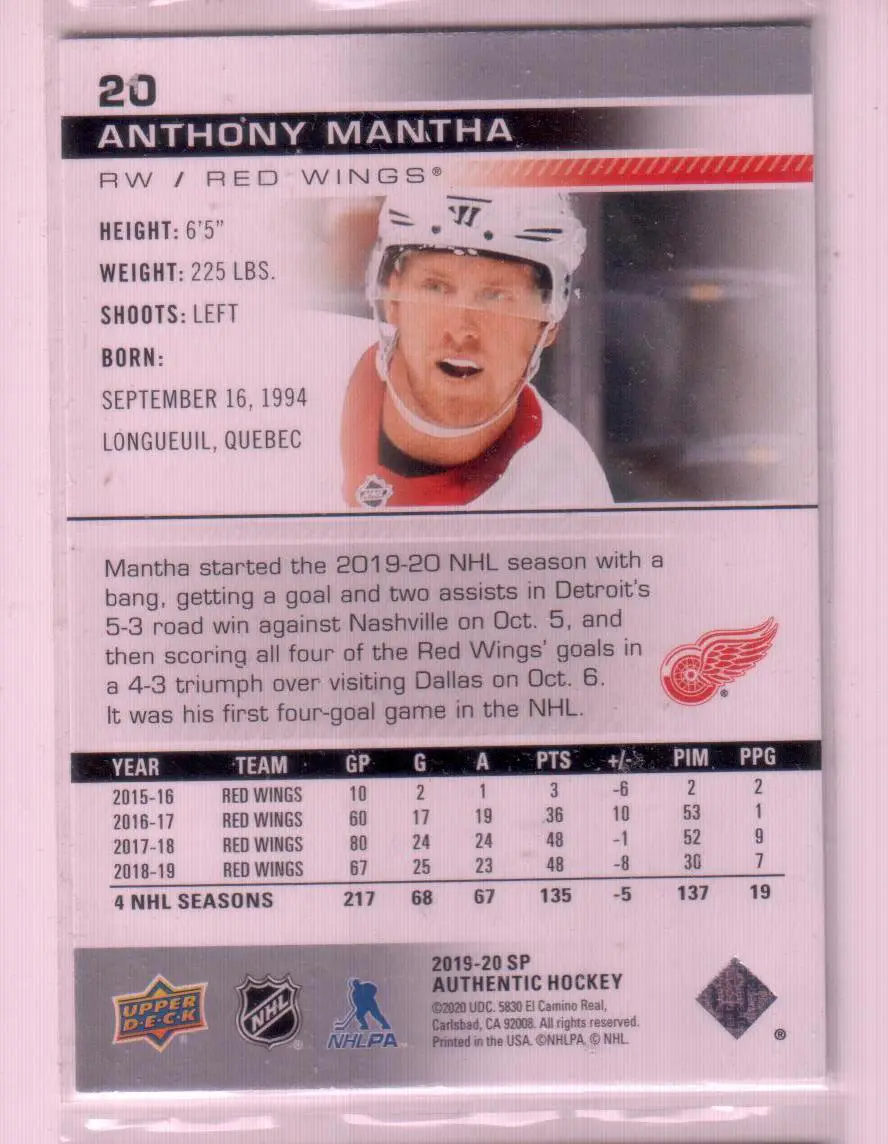 2019-20 SP Authentic #20 Anthony Mantha 1