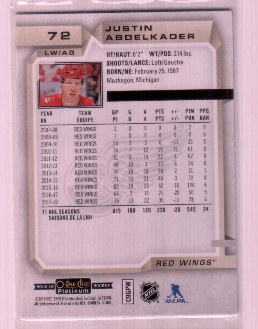 2018-19 O-Pee-Chee Platinum #72 Justin Abdelkader 1
