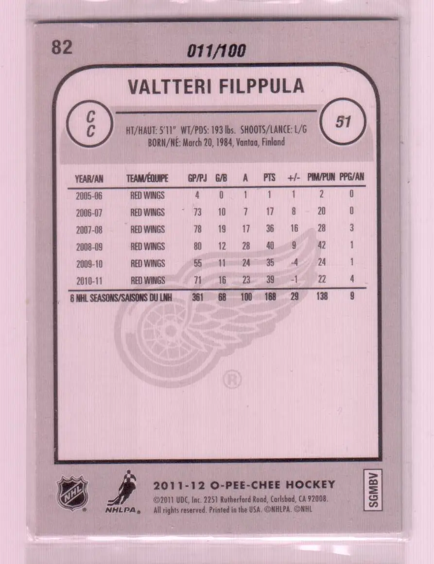 2011-12 O-Pee-Chee Black Rainbow #82 Valtteri Filppula 011\100 1