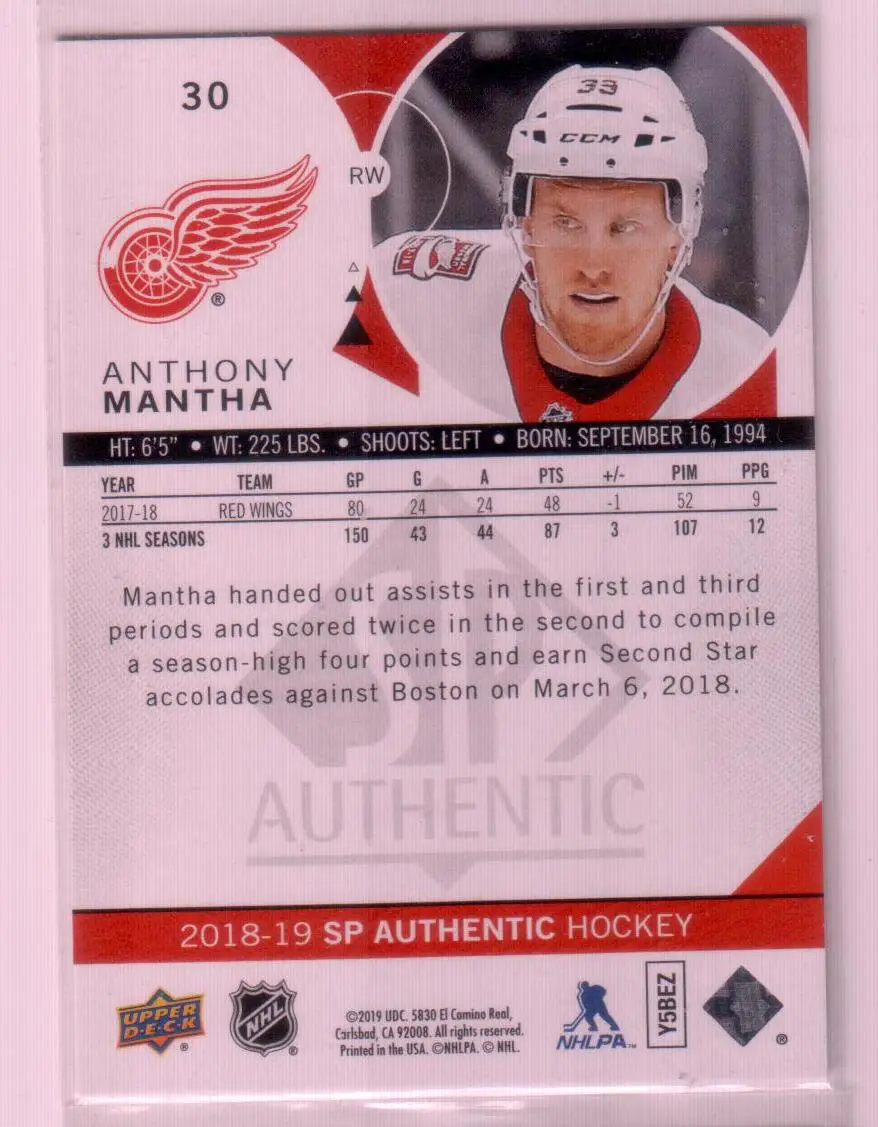 2018-19 SP Authentic #30 Anthony Mantha 1