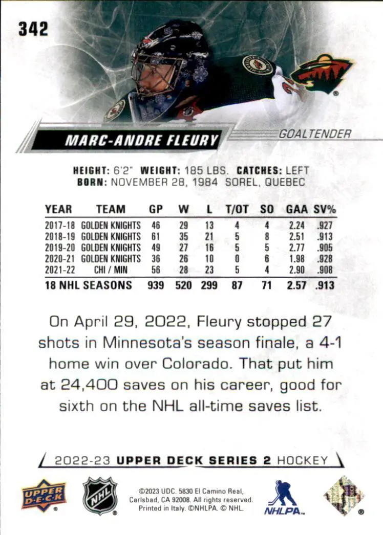 2022-23 Upper Deck #342 Marc-Andre Fleury 1
