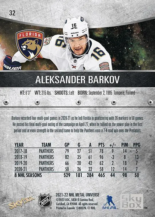 2021-22 Skybox Metal Universe - [Base] #32 Aleksander Barkov 1