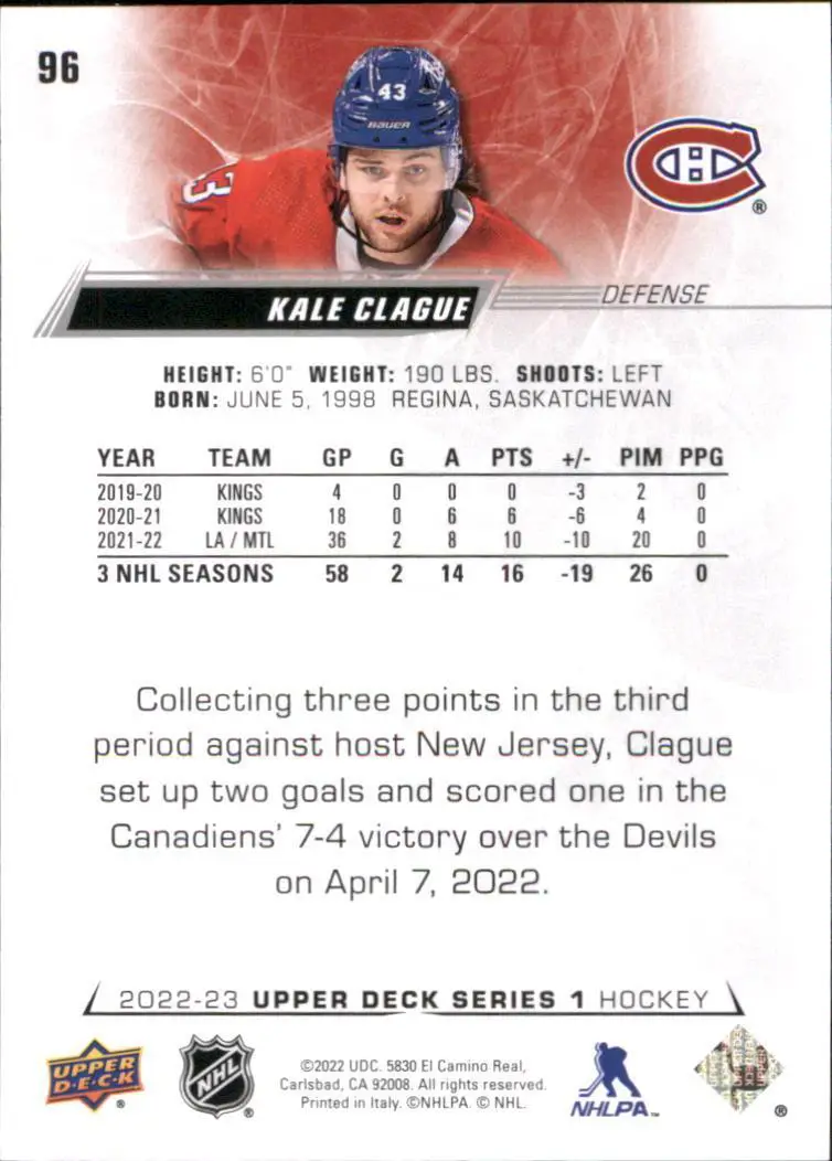 2022-23 Upper Deck #96 Kale Clague 1