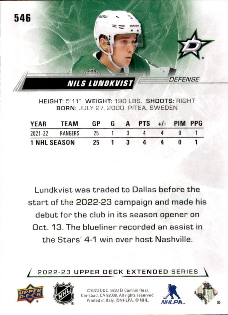 2022-23 Upper Deck #546 Nils Lundkvist 1