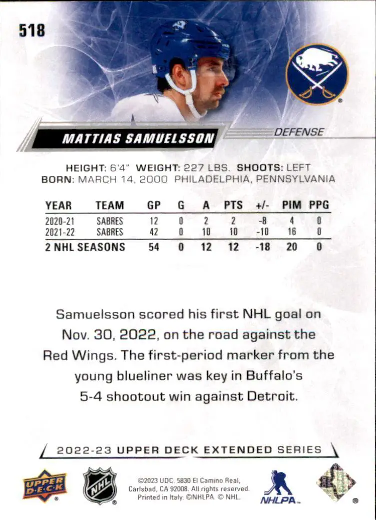 2022-23 Upper Deck #518 Mattias Samuelsson 1