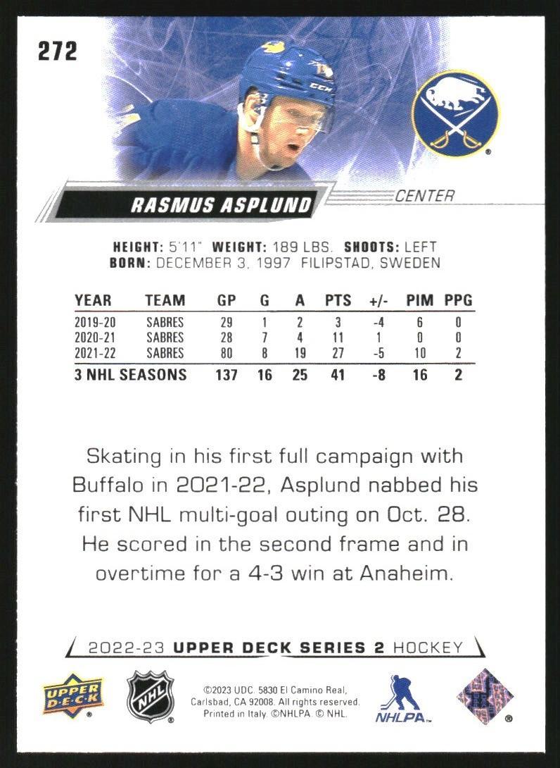 2022-23 Upper Deck #272 Rasmus Asplund 1