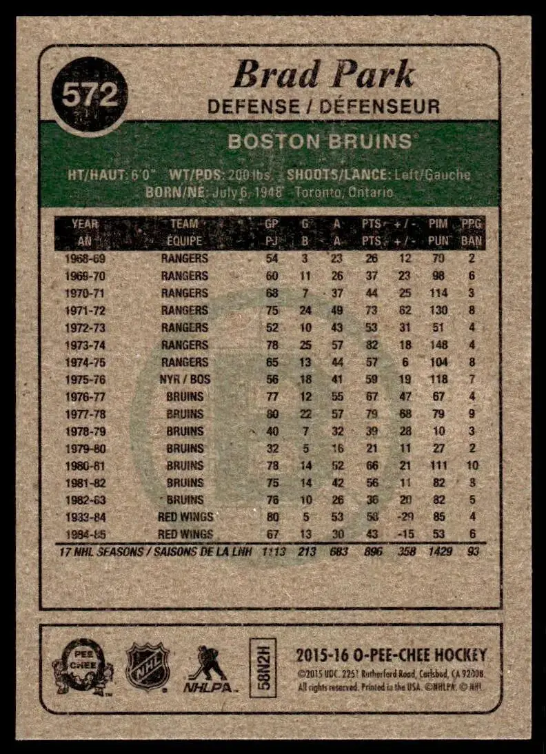 2015-16 O-Pee-Chee Retro #572 Brad Park 1