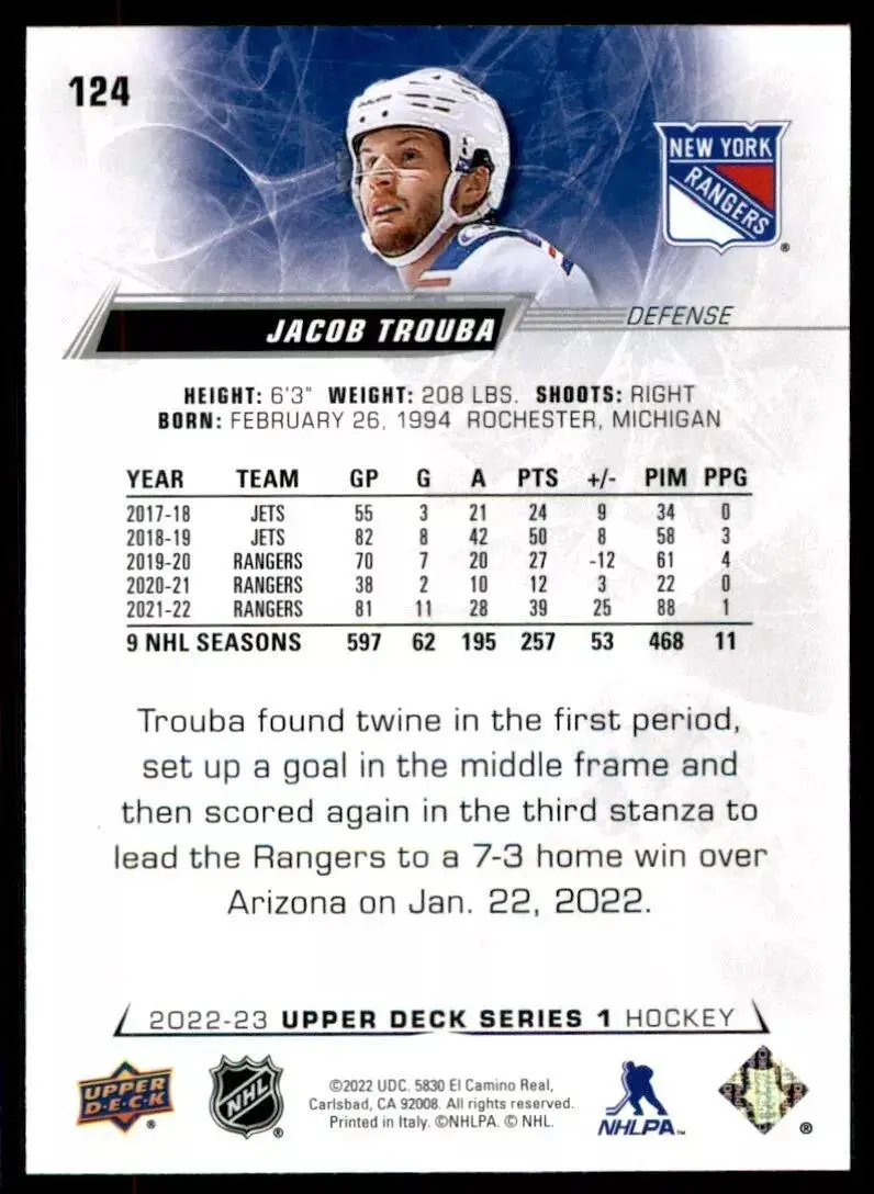 2022-23 Upper Deck #124 Jacob Trouba 1